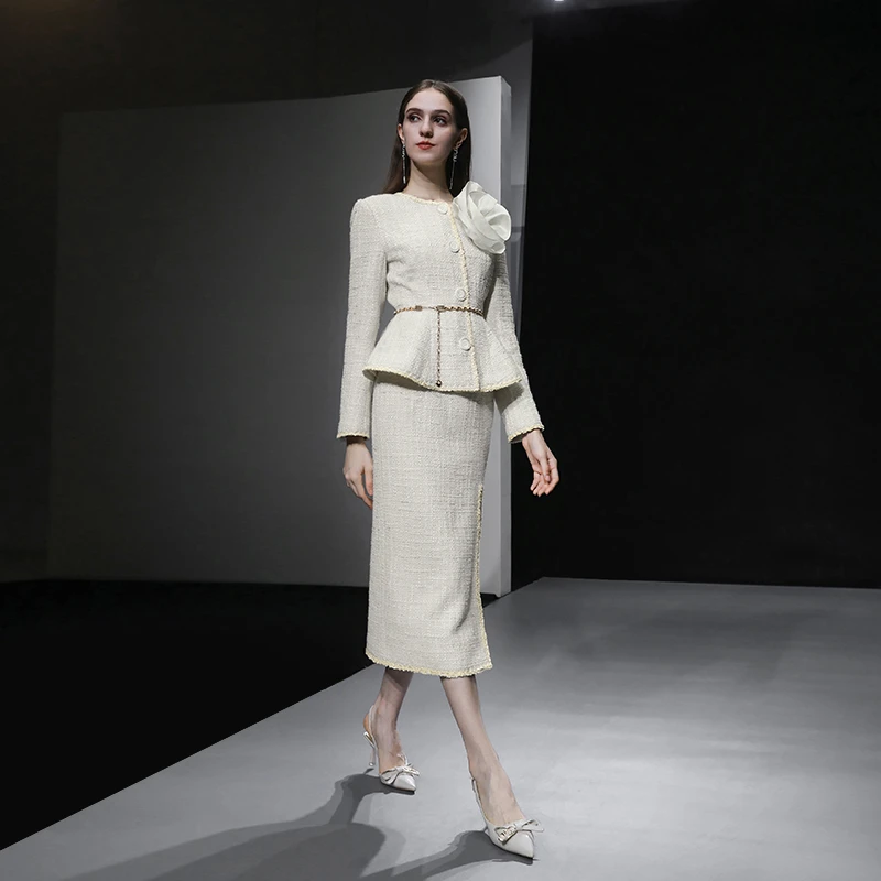 达菲时尚新款时尚气质圆领粗花呢外套高腰开衩半身裙套装D32063