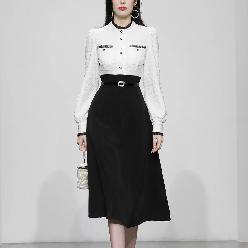 2023春季新款气质木耳边立领优雅黑白拼收腰大摆连衣裙QC30178