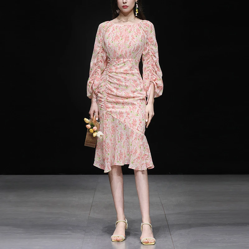 新款清新精致褶皱设计感女人鱼尾摆不对称连衣裙ZC30559