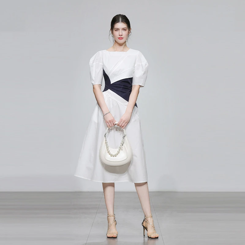 夏季女装新款气质短袖撞色收腰显瘦中长款白色连衣裙G28075