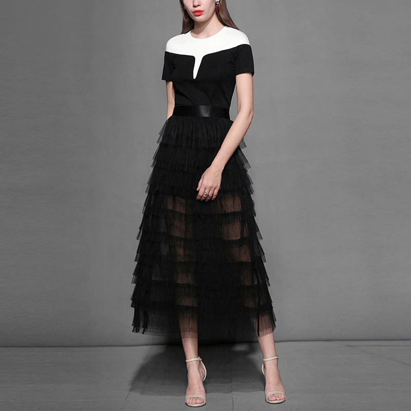 夏装新款小香风气质两件套短袖T恤纱裙长裙裙子套装女装H12846