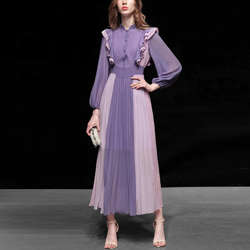 春装新款女装紫色雪纺长裙名媛长袖中长款百褶连衣裙H17471
