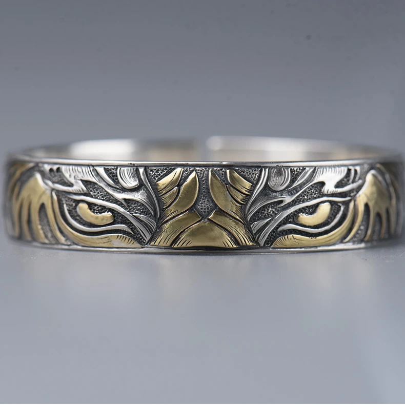 足银手镯 【母炳林银饰】原创手工复古个性立体浅浮雕手镯·錾刻虎纹