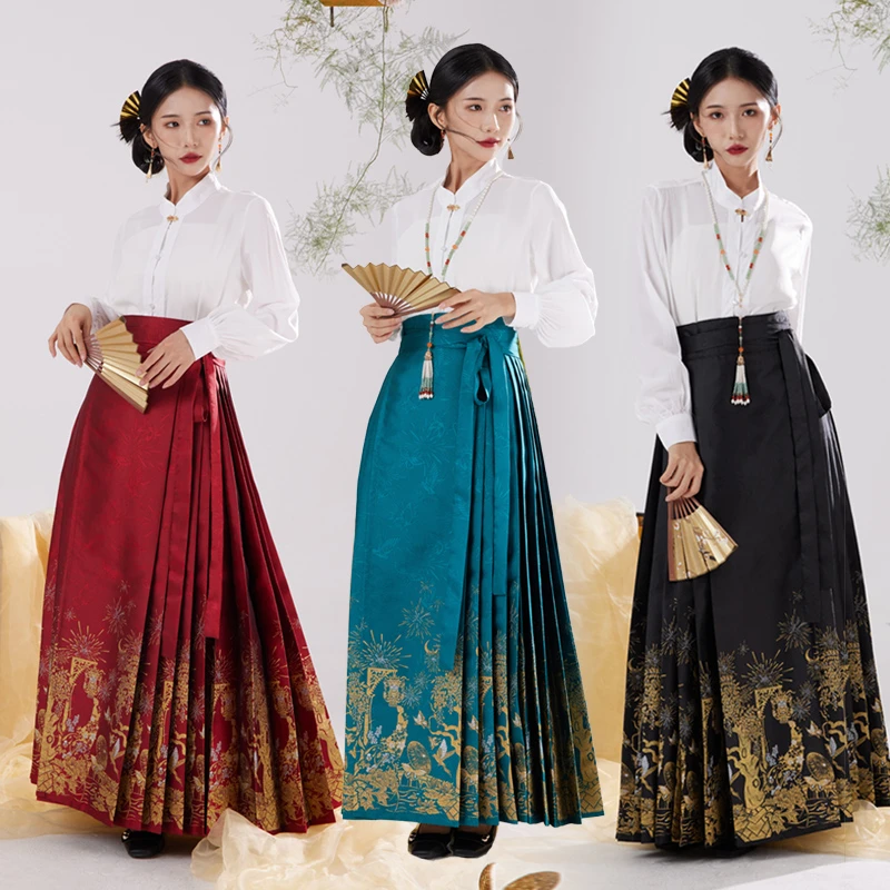 阡陌原创汉服（一路生花）马面裙女中式通勤马面裙女上班日常红色