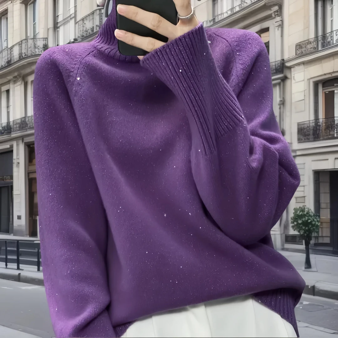 明星王菲同款亮丝羊毛衫女士秋冬高领毛衣设计感落肩袖加厚打底衫