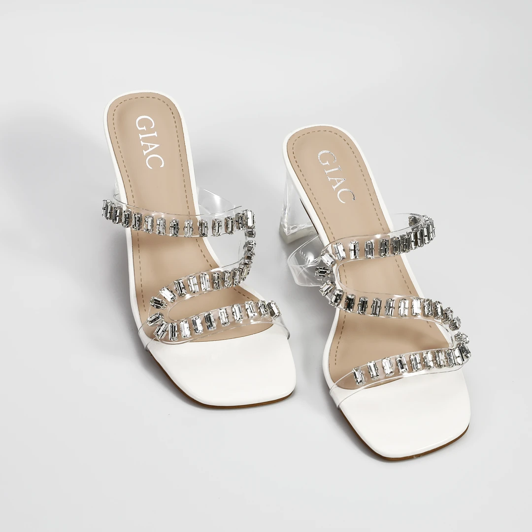 GIAC水钻凉鞋女夏季2025新款高跟鞋粗跟一字扣带透明水晶凉鞋露趾