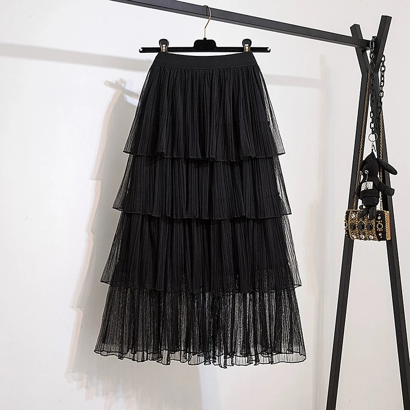 001-100显瘦半身裙半身蛋糕裙百搭时尚夏季网纱裙高腰中长款黑色