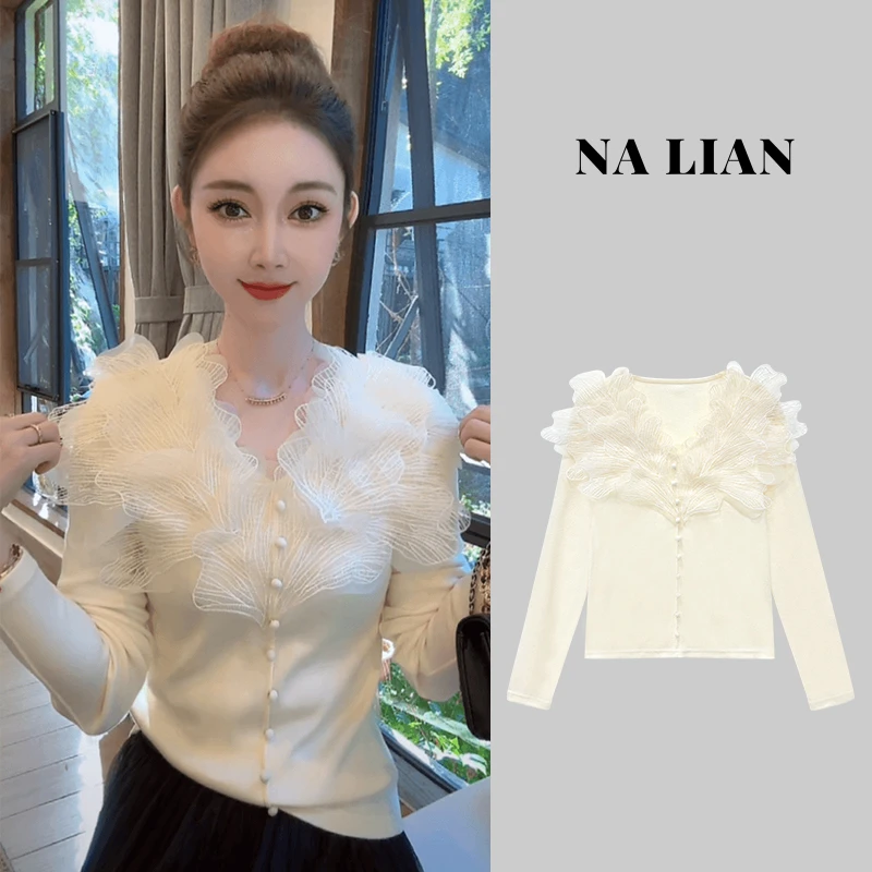 【现货秒发】豆子优选-新款春季高品质静奢风蕾丝针织衬衫  DZ96818