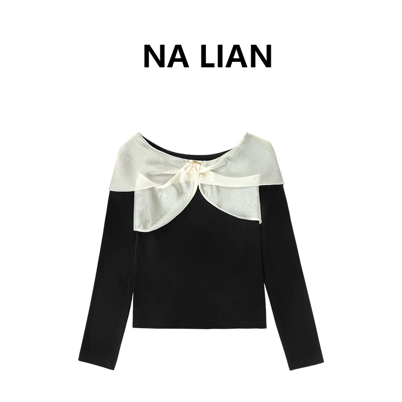 【现货秒发】豆子严选-大圆领上衣蝴蝶结长袖修身短款T恤  DZ95397