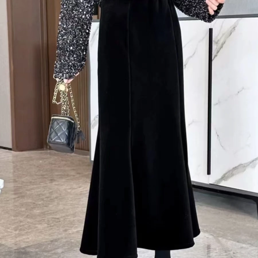 豆子优选-新款秋冬A版万能搭配高腰加绒加厚鱼尾半裙 DZ880M88272