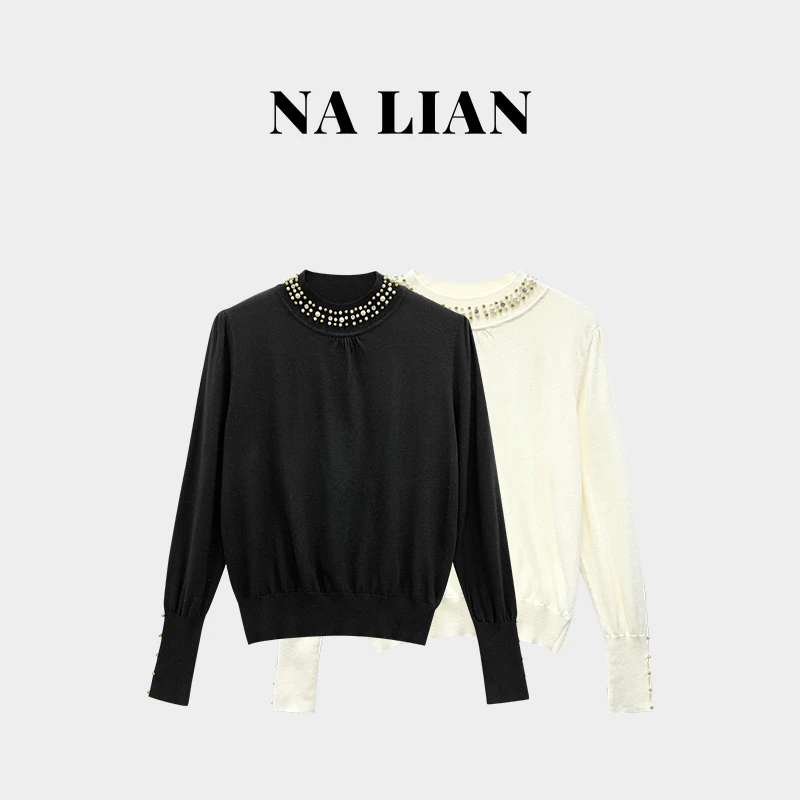 【现货秒发】秋冬豆子严选-钉珠镶嵌褶皱圆领打底针织衫   DZ95665