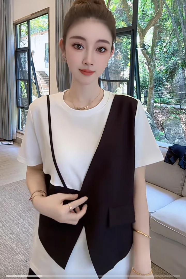 Nalian/拿恋豆子严选-假两件拼接设计感中长款t恤   DZ93663