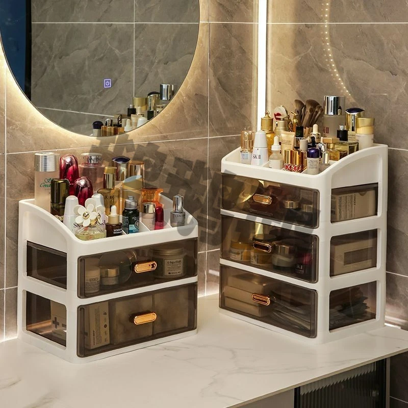 抽屉式透明储物箱化妆品桌面收纳盒宿舍书桌防尘杂物亚克力办公室