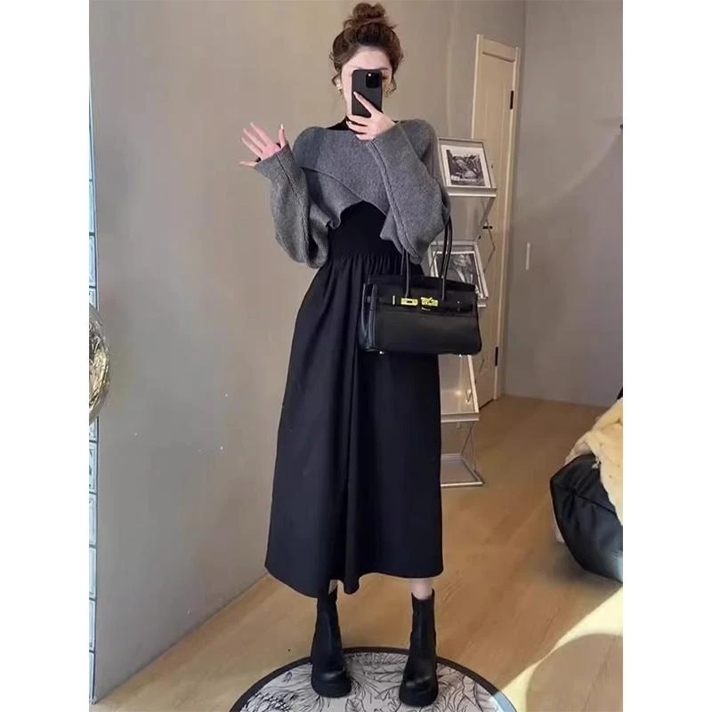 端庄大气女装秋冬不规则交叉针织衫毛衣连衣裙今年流行上衣