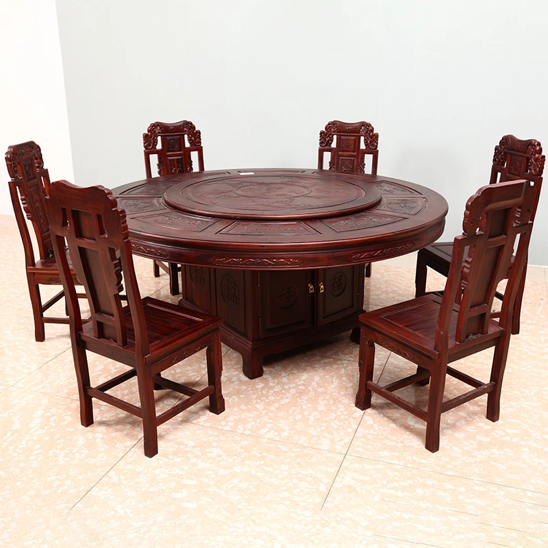 南美酸枝古典雕花圆形餐台家用吃饭桌