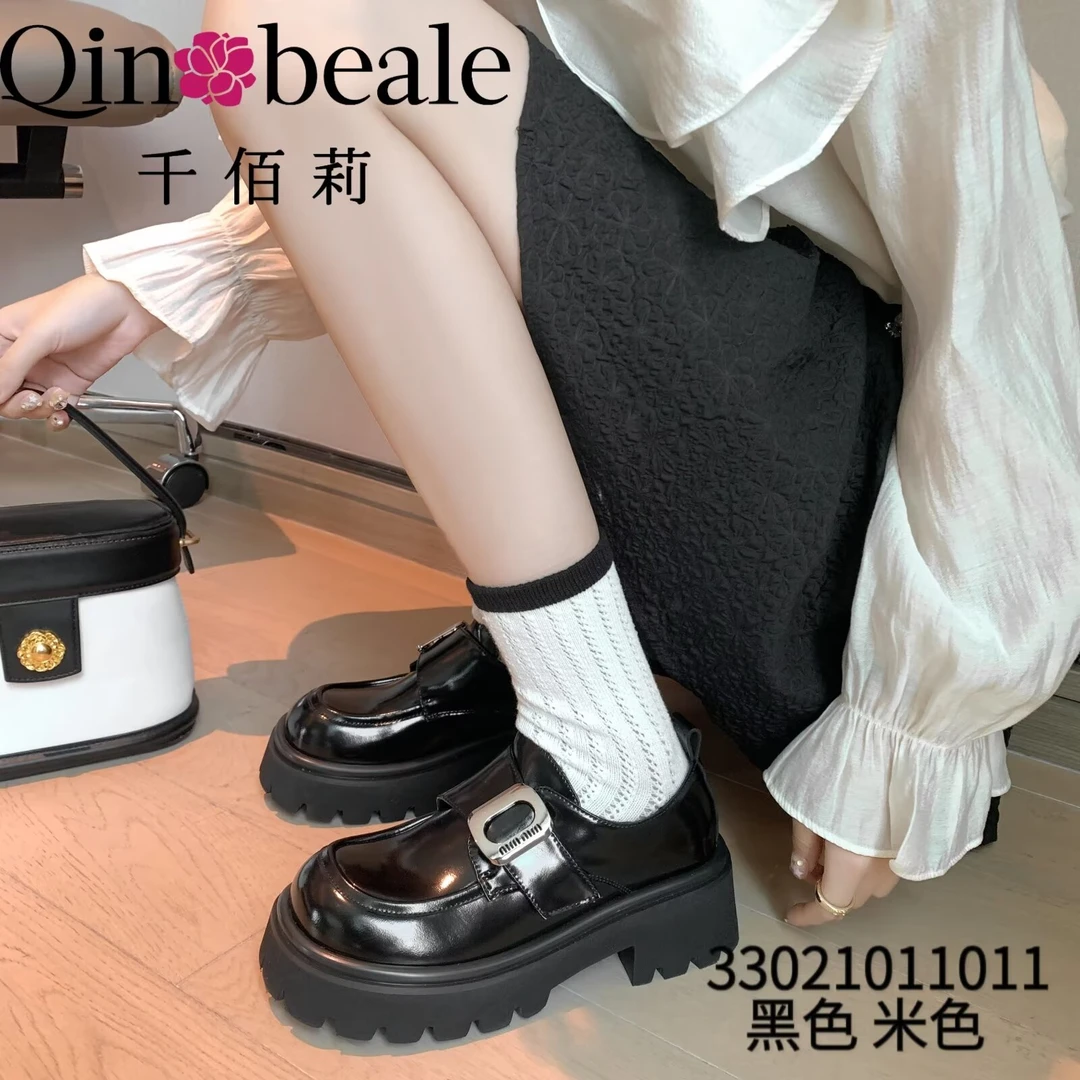 1011千佰莉厚底粗跟真皮魔术贴时尚百搭英伦风小皮鞋增高乐福鞋女