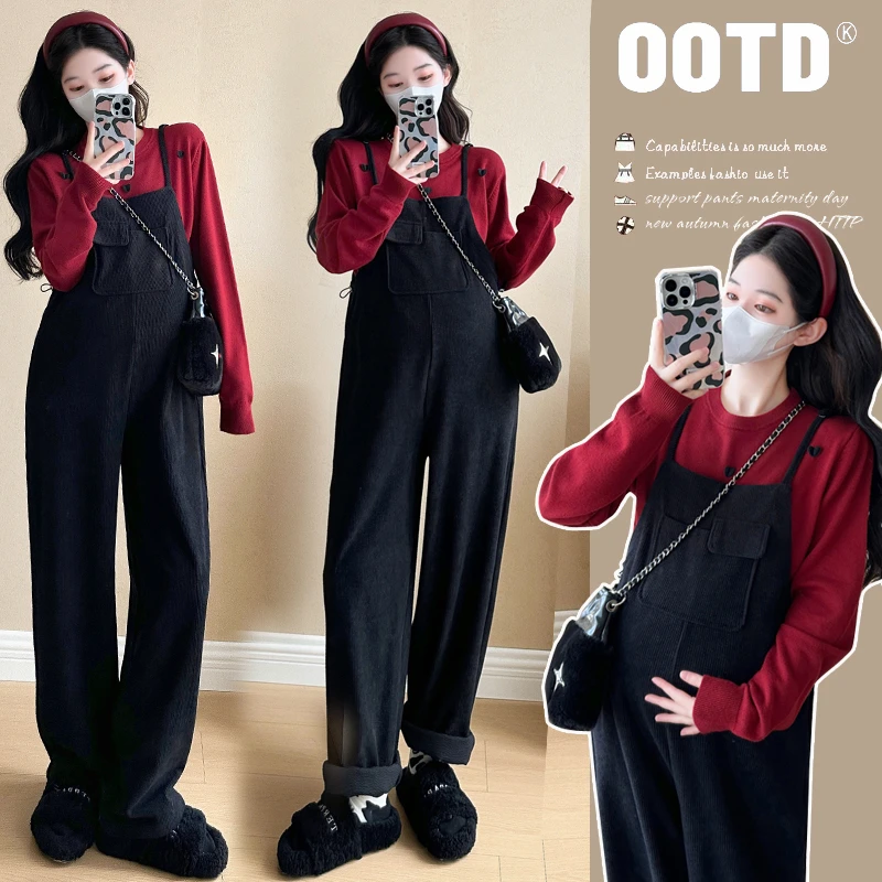 孕妇背带裤秋冬装新款加绒加厚可调节背带裤+爱心红色毛衣套装