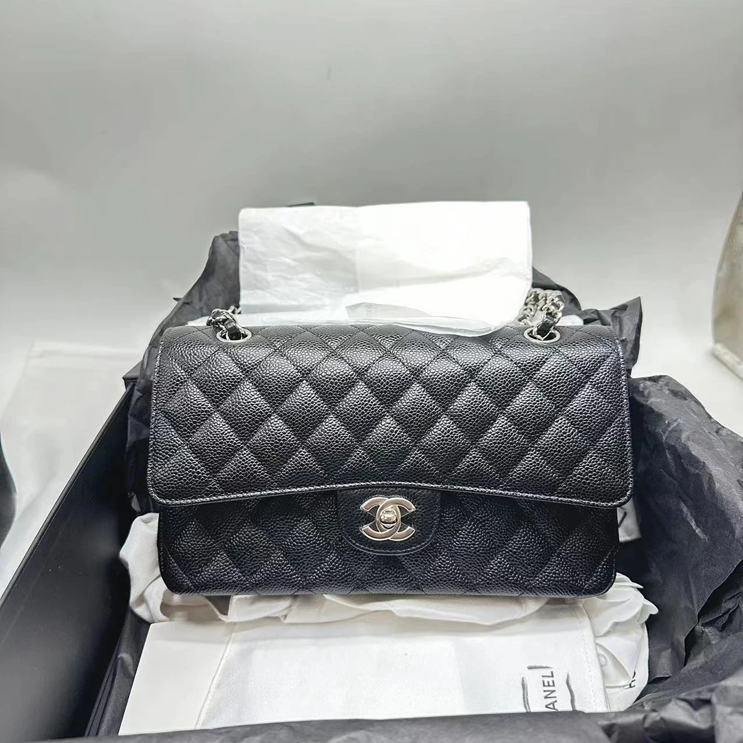 99新 Chanel/香奈儿 cf黑银荔枝皮手提斜跨包