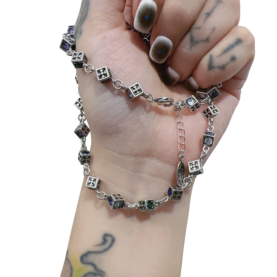 BMHM 铜合金项链 重工彩虹锆石魔方项链女ins风骰子十字架高级感