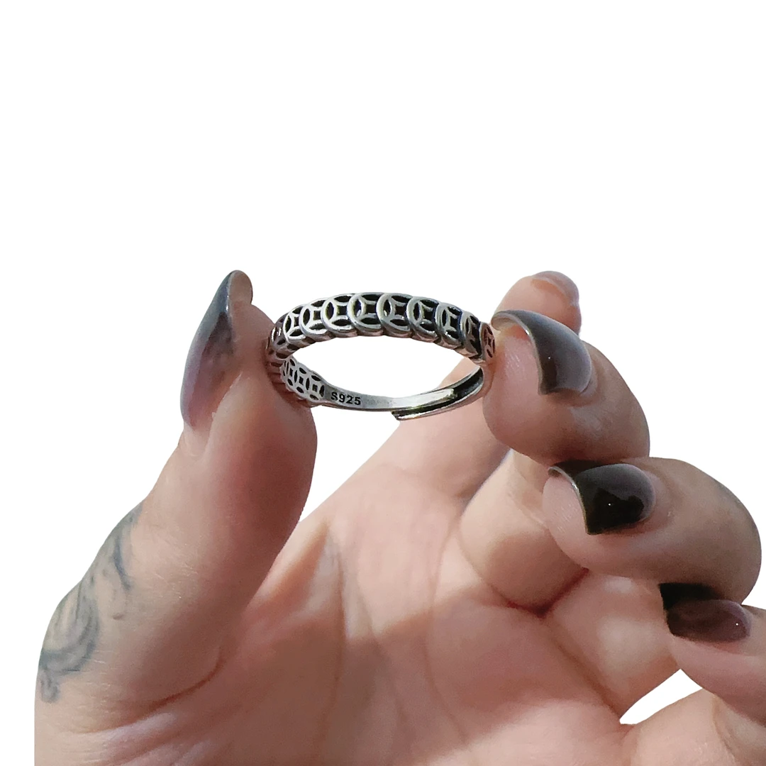 925银戒指 纯银包铜钱多多时尚复古编织小众欧美简约个性做旧尾戒