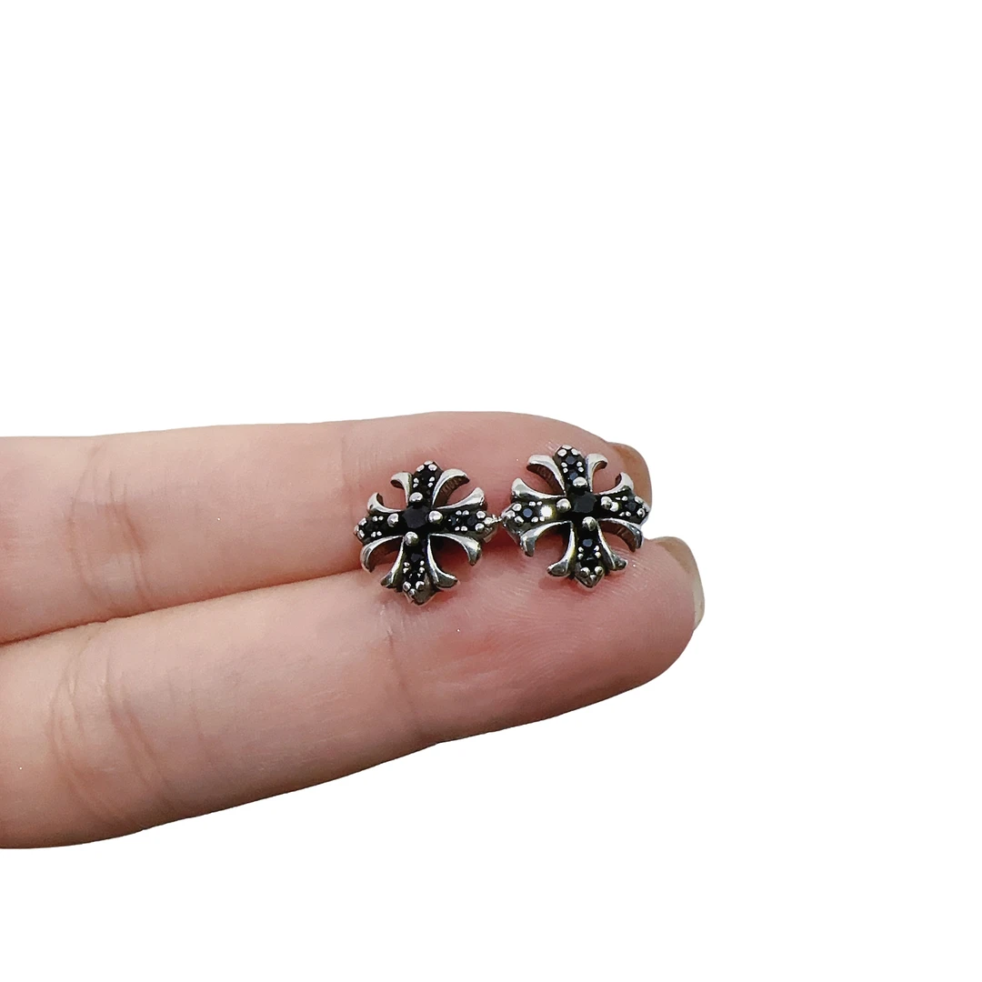 925银耳饰 复古气质粉红锆石十字架冷淡风精致轻奢小众设计感耳环