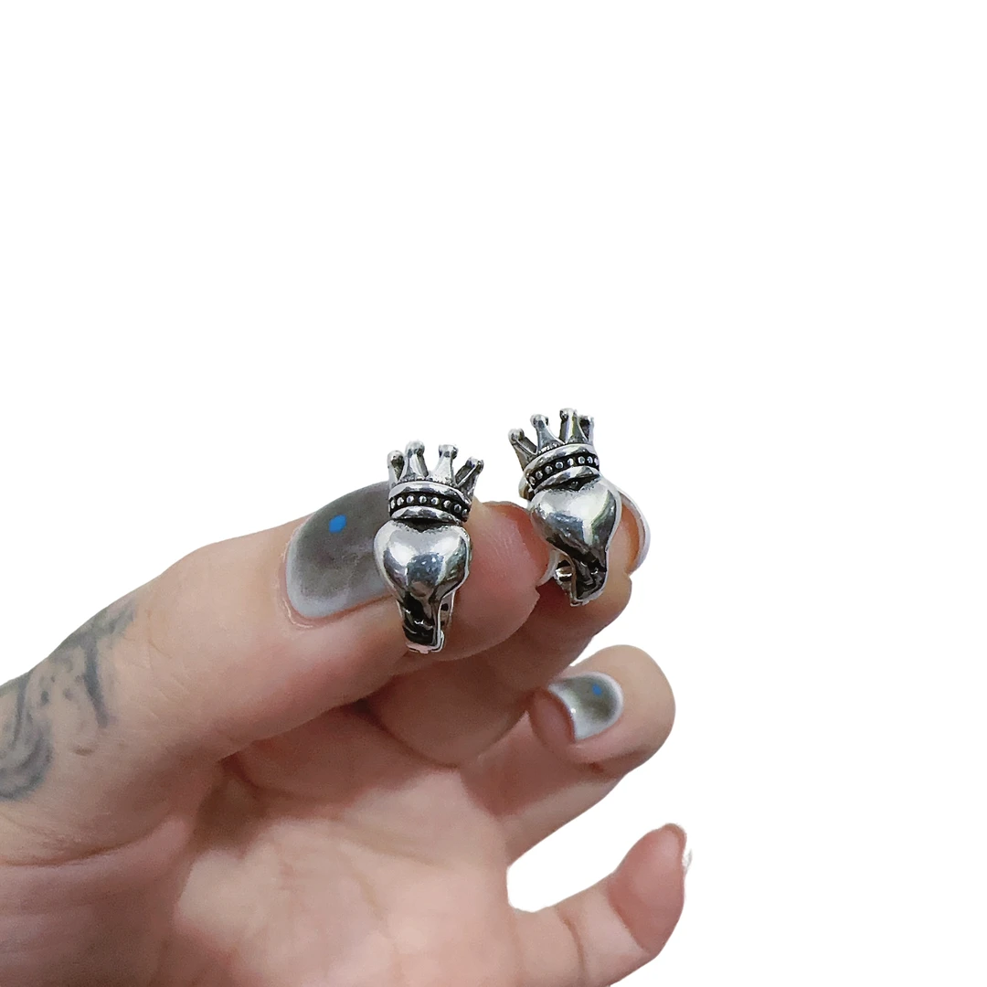 925银耳饰 小众独特设计感皇冠爱心耳环女简约个性心形复古经典