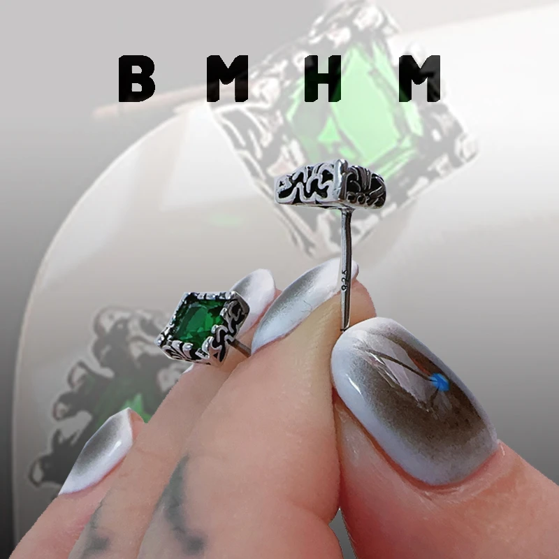 BMHM 铜合金耳饰 925银针方钻彩色锆石复古耳钉高级感古风小众