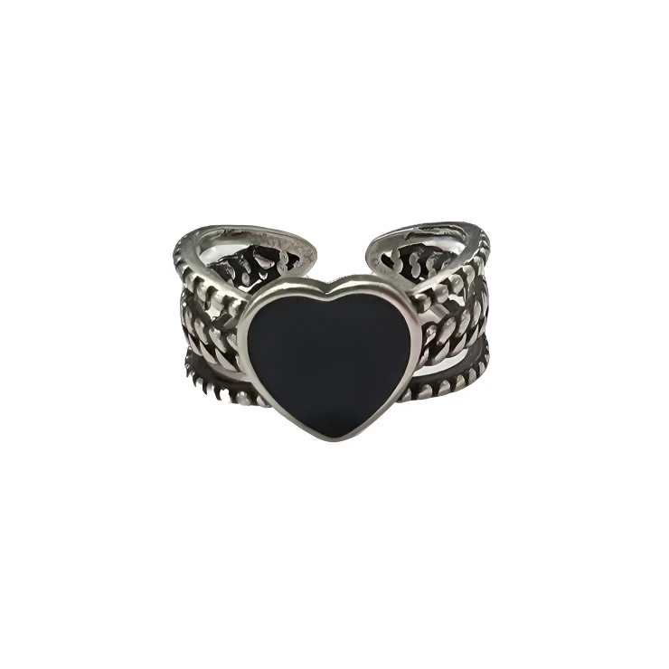 925银戒指 纯银包铜轻奢时尚黑色复古小众简约做旧素款手工百搭