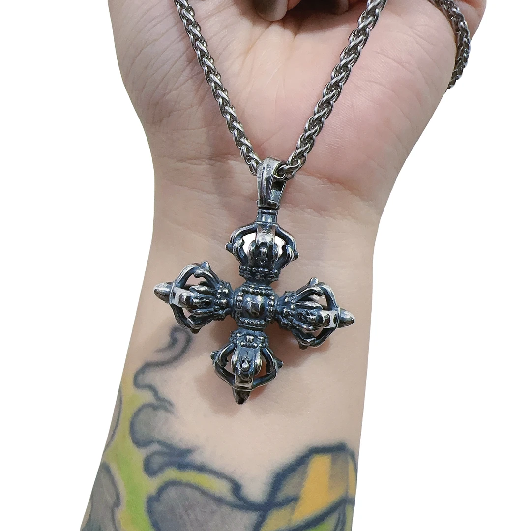 吊坠925银 纯银包铜饰品潮流复古男女款十字架朋克金刚杵光面坠链