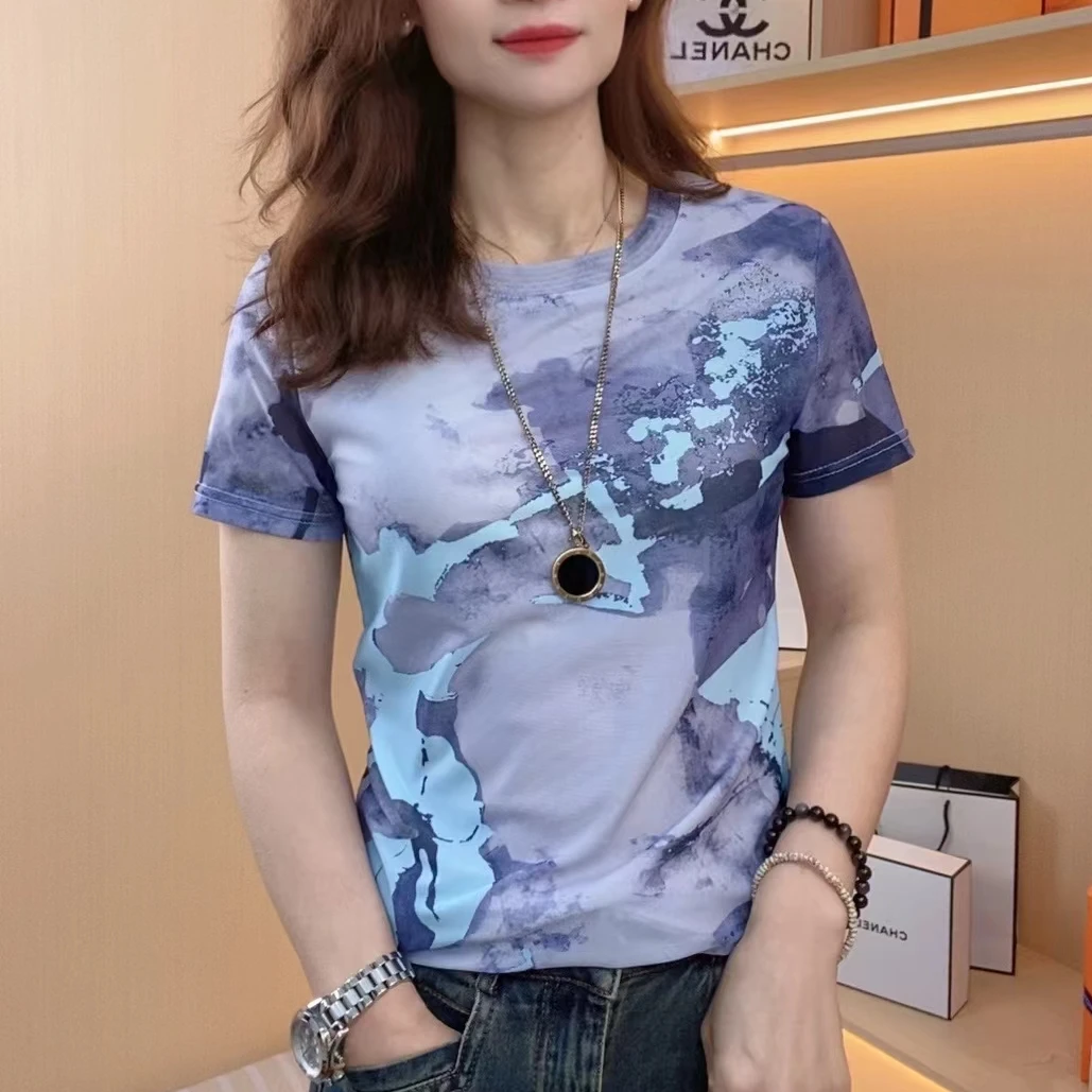 2024夏新款水墨复古干练时尚休闲短袖圆领气质上衣