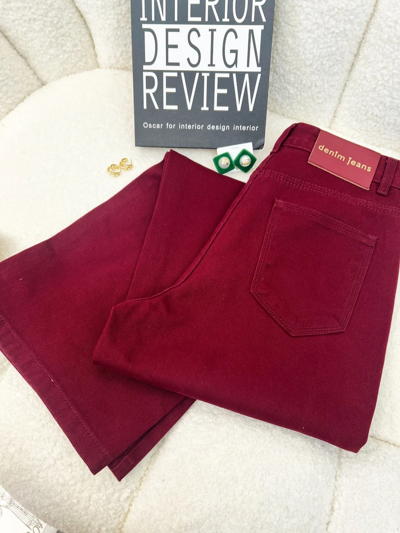 早秋新款安可拉红高腰窄版直筒阔腿牛仔裤百搭复古垂感休闲拖地裤