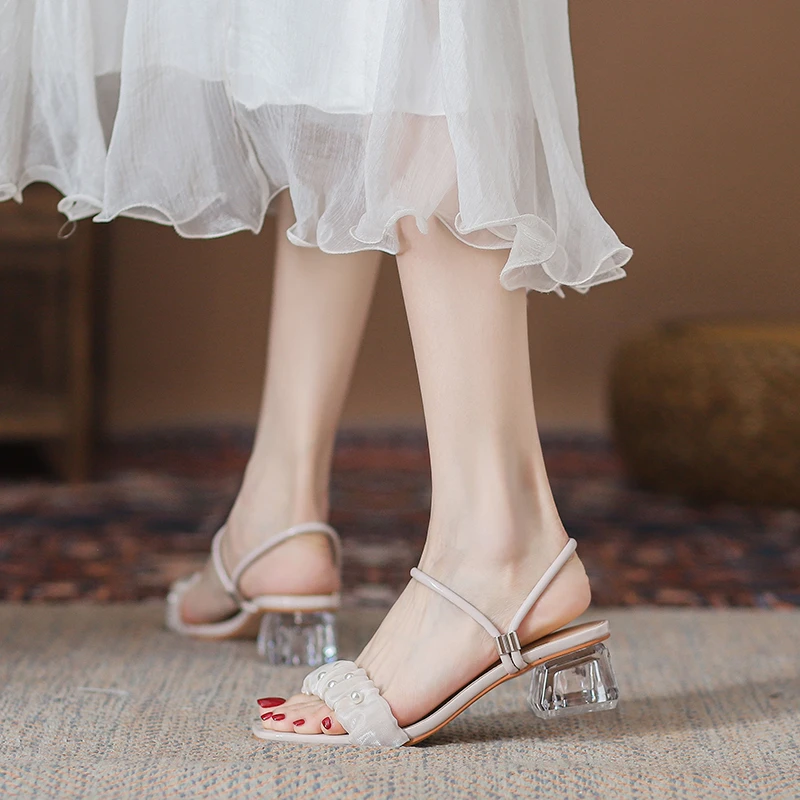 钇33-40凉鞋女2024夏季粗跟一字带仙女风露趾凉拖鞋中跟凉鞋外穿