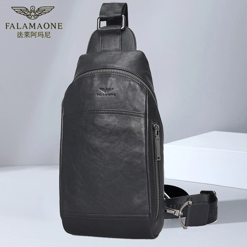 FALAMAONE/法莱阿玛尼正品牛皮男胸包真皮单肩包百搭户外时尚背包