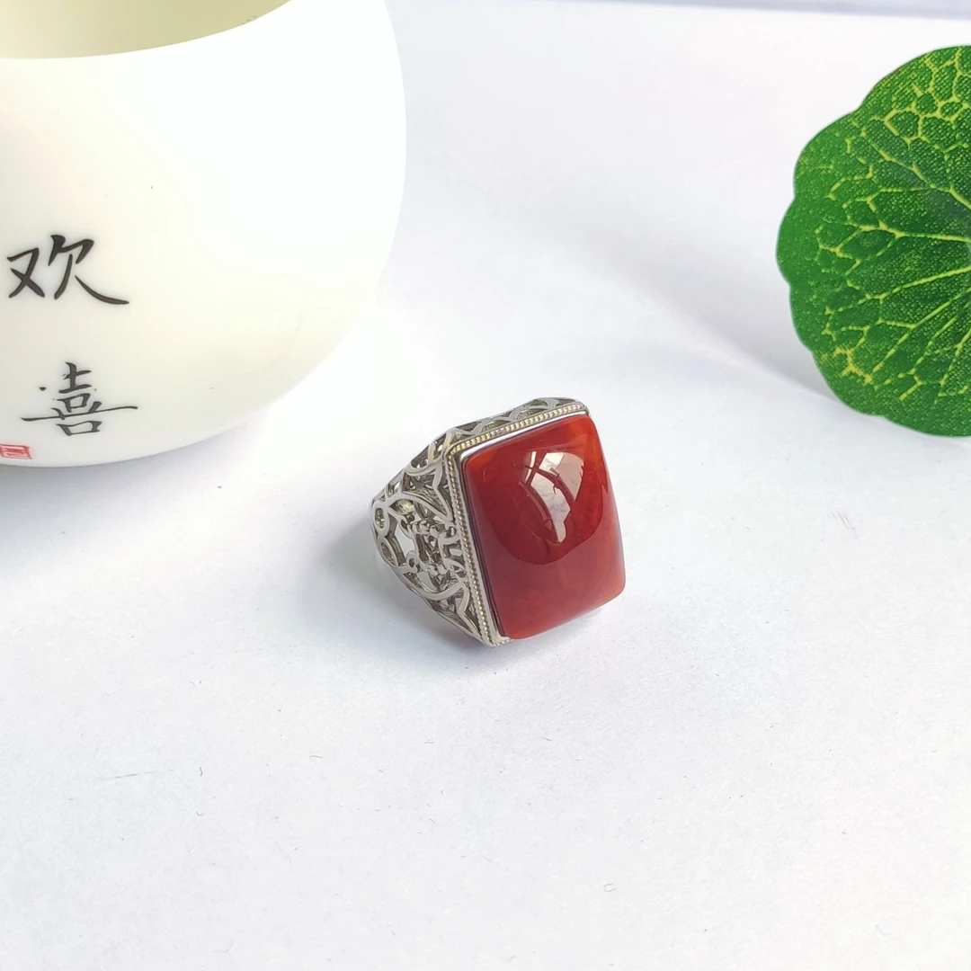 【百珂】正品保真无优化四川九口南红高品质收藏级方型男款戒指国风