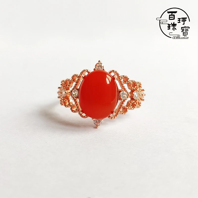 【百珂】正品保真南红保山蛋面女款戒指可调节戒圈时尚中国风10*8mm