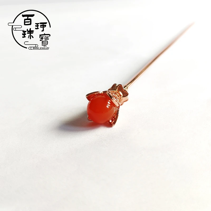 【百珂】正品保真南红保山料发簪发饰简约百搭古风旗袍925银头饰9mm