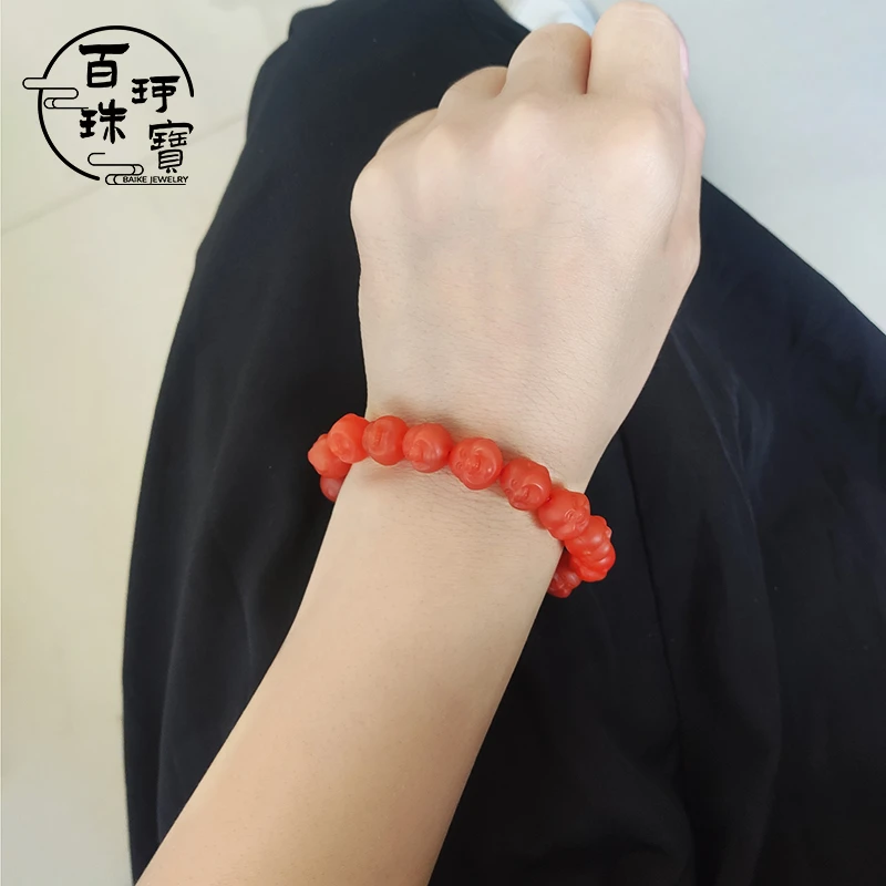 【百珂】正品保真南红精雕佛头手串保山滴水洞高品质弥勒佛品质手链