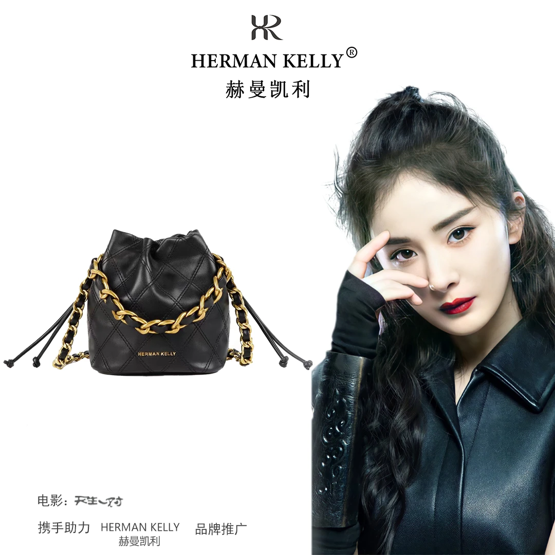 抽绳菱格链条水桶包时尚休闲百搭女包#6107高级黑