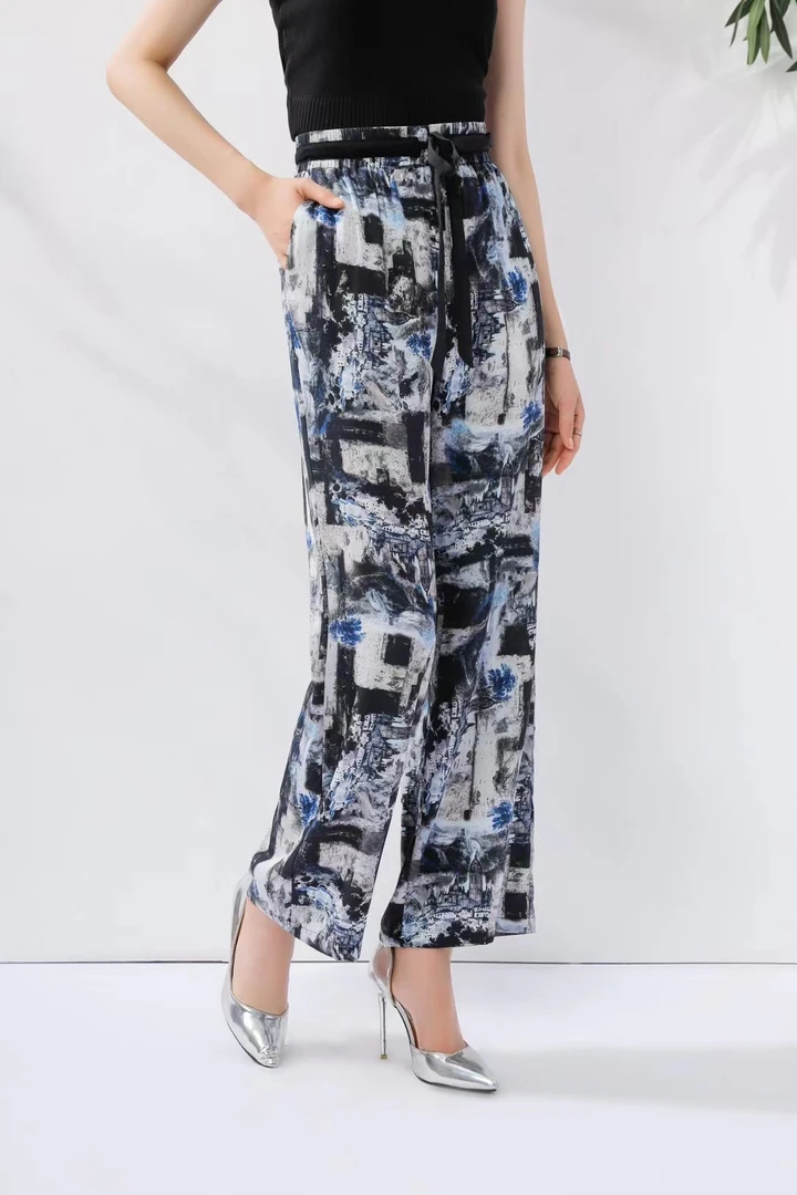 桑蚕丝砂洗小阔腿裤休闲运动女士夏季黑色直筒薄款透气