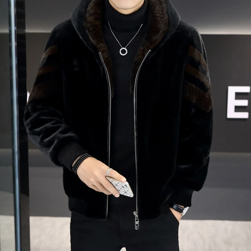 中老年外套男连帽短款加厚冬季新款仿水貂复合羊剪绒皮毛一体大衣