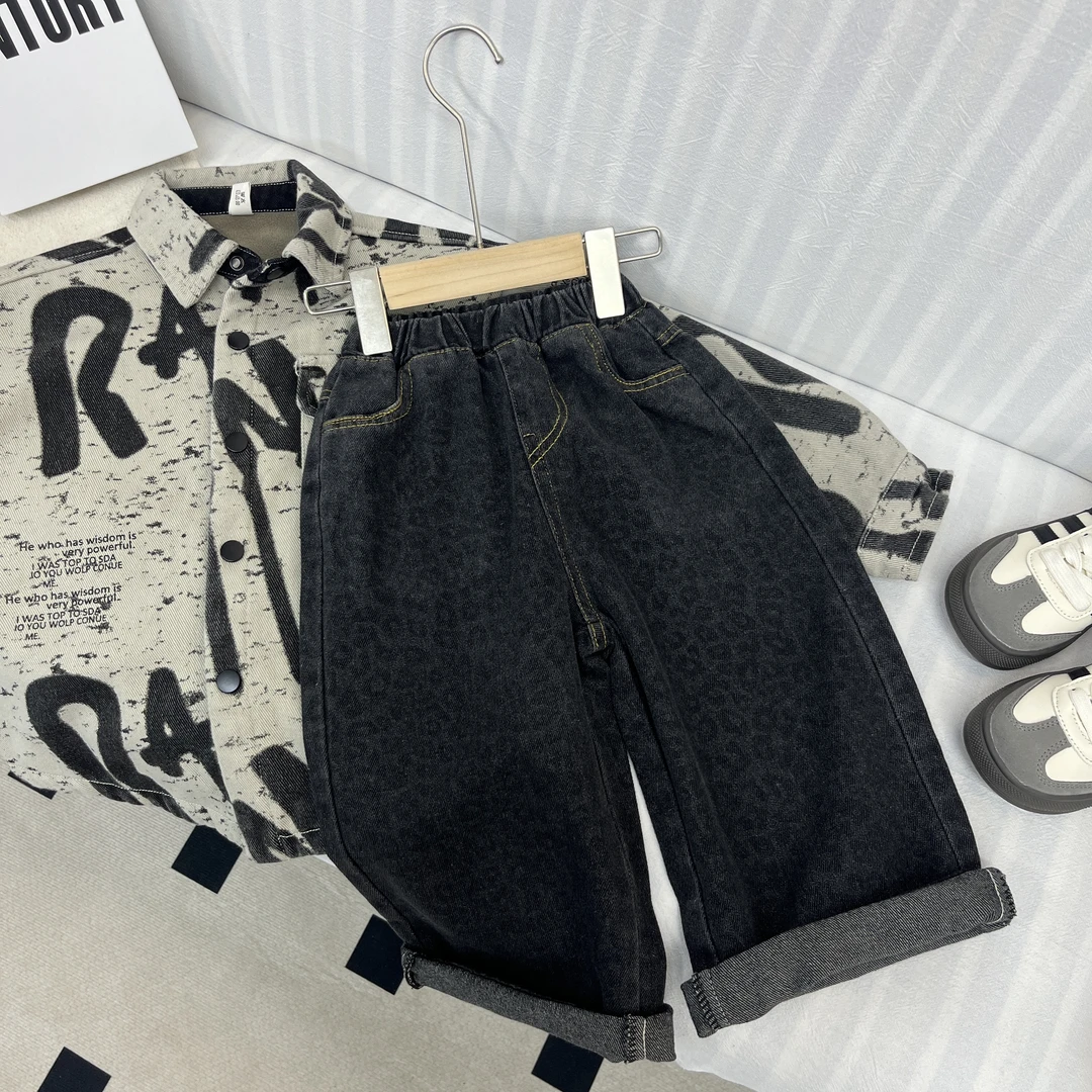 605 豹豹纹牛仔直筒裤男女宝春秋款