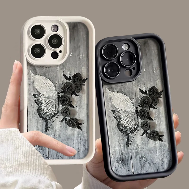 玫瑰蝴蝶适用iphone15pro/14/13手机壳苹果12/11华为vivo小米oppo