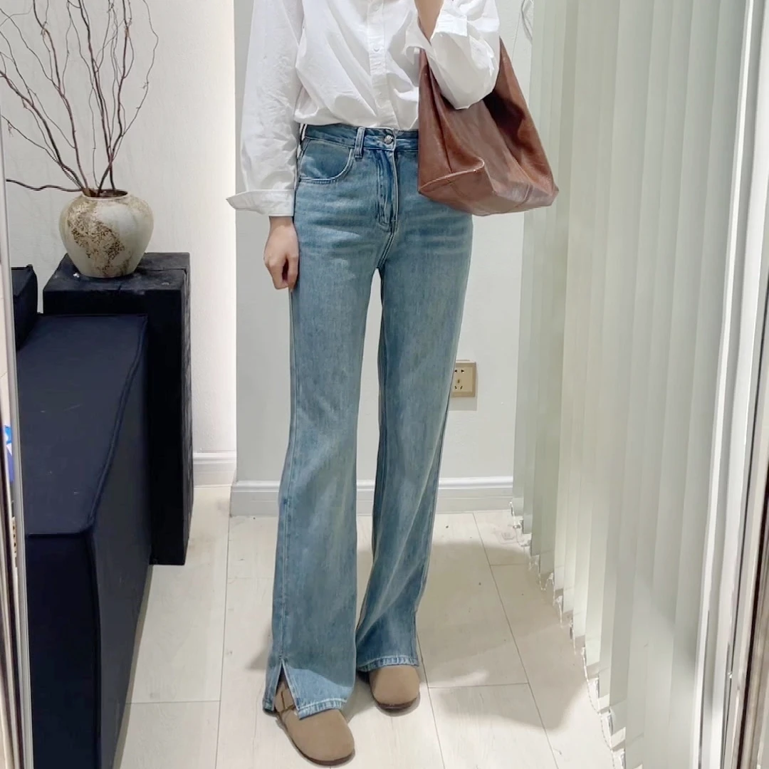 【铭洋】复古窄版阔腿开叉牛仔裤女宽松高腰显瘦气质百搭休闲拖地裤