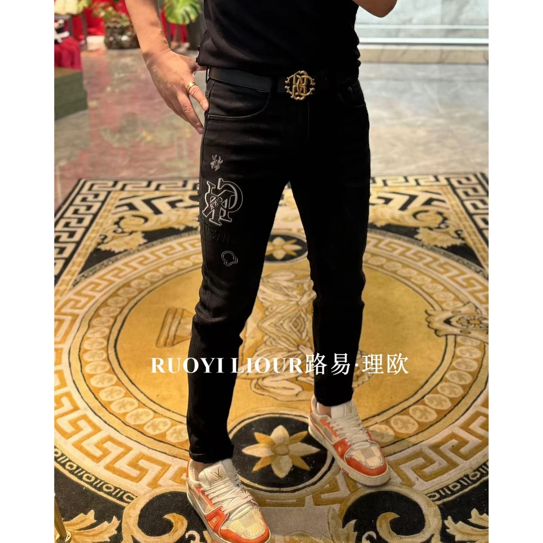 【路易理欧】欧货时尚潮流街头直筒经典字母小蜘蛛男士牛仔裤10853