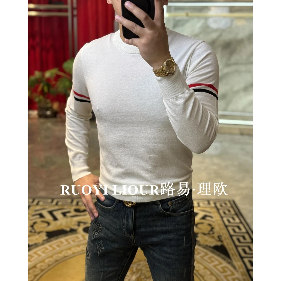 【路易理欧】欧货潮流轻奢纯色条纹拼接商务休闲针织衫00918