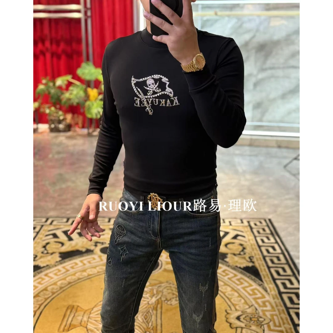 【路易理欧】欧货时尚高品银钻重工美式双刀休闲高街打底衫00838