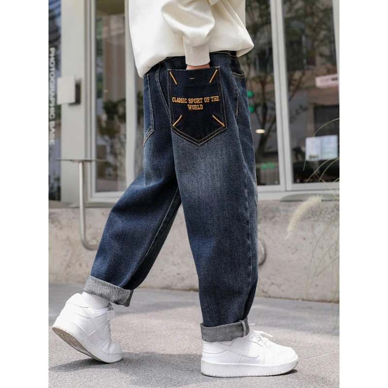 男童牛仔裤秋冬装2023新款中大童个性时髦长裤休闲儿童裤子加绒潮