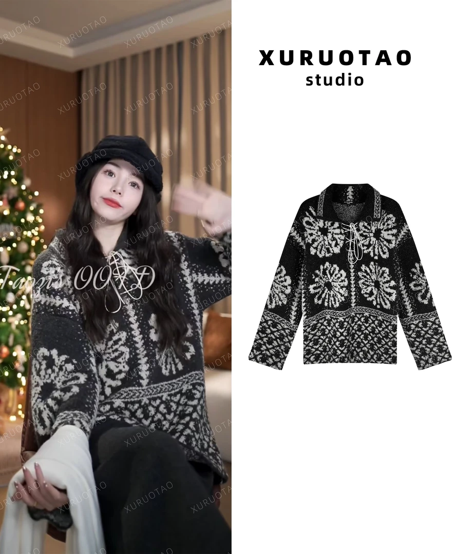 XURUOTAO【雪花毛衣】冬款重工灰色毛织上衣 T6346