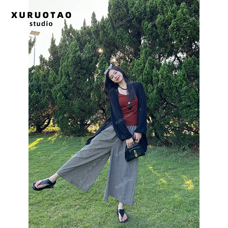 XURUOTAO 【南法假日】格子大裤腿裤裙 高腰松紧重磅棉感新款T6003