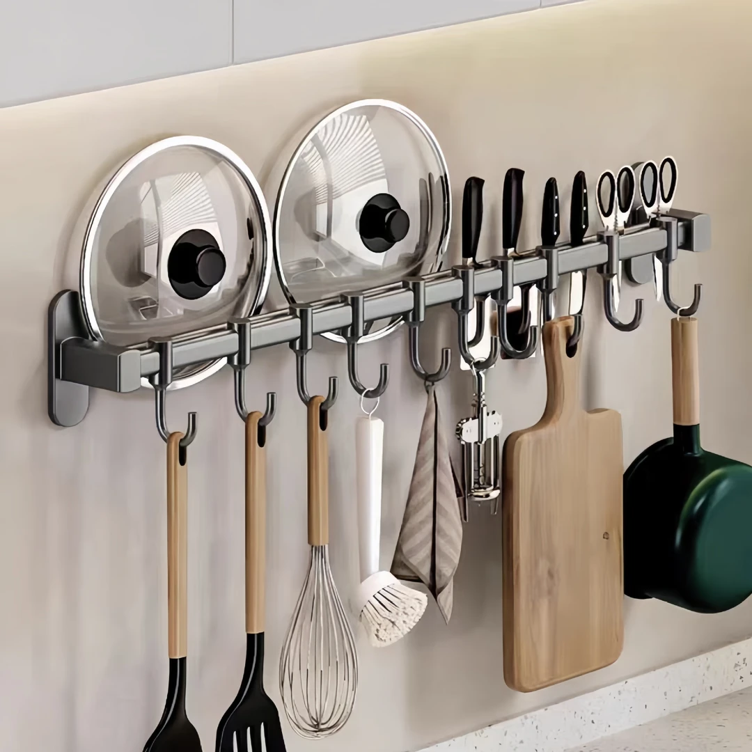 家用锅盖架子打孔壁挂式厨房置物架灰多功能墙上砧板菜板收纳挂架